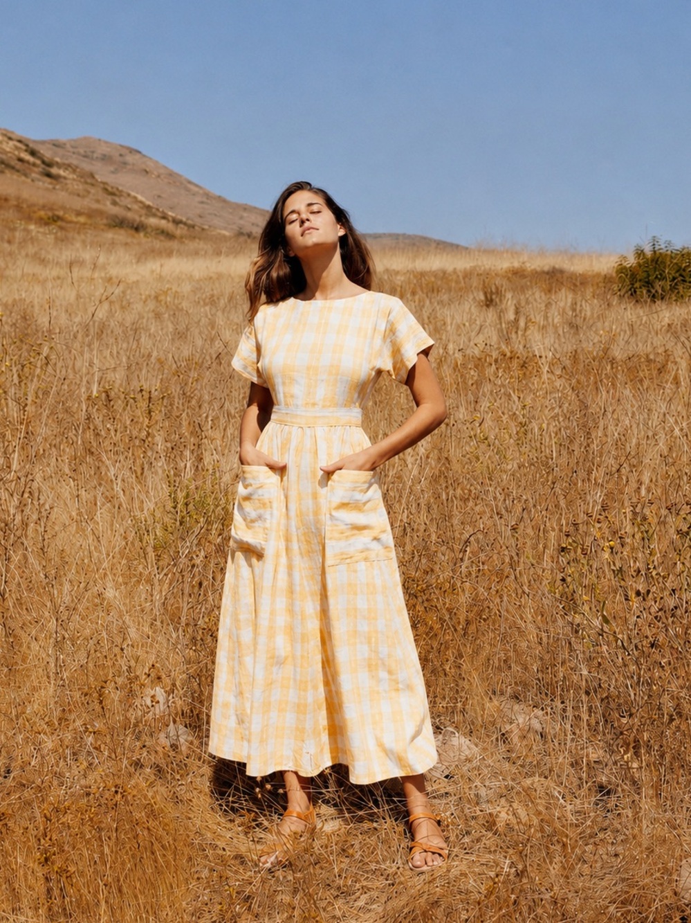 Christy Dawn Jane Dress in Lemon Plaid Size Large Yellow Gingham Check Open Back